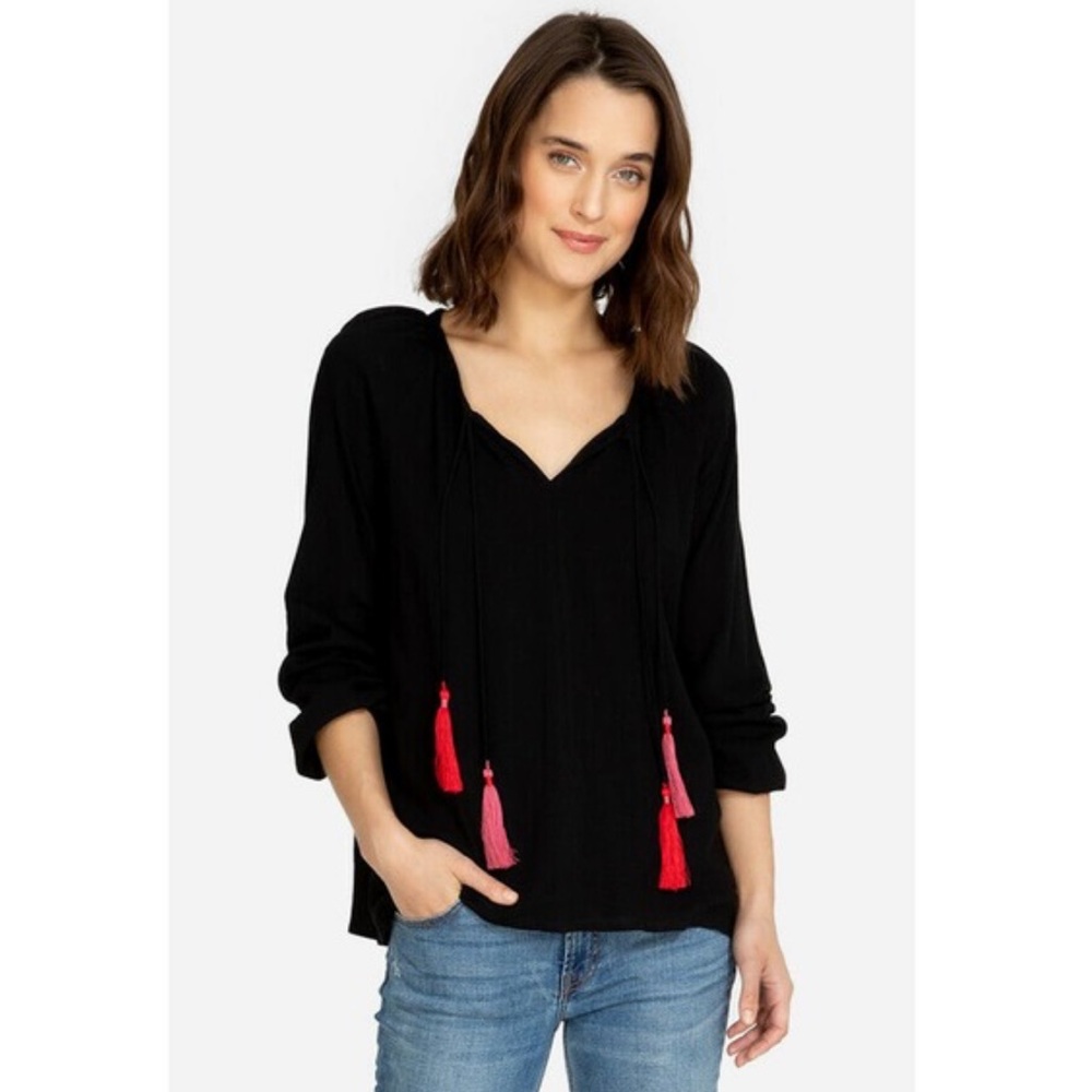 Johnny Was Calme Double Tassel Peasant Blouse Black Large Bohemian Beach Coastal